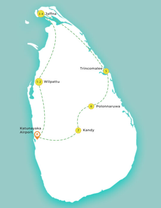 Sri Lanka Northern Wildlife and Wellness Escape Map